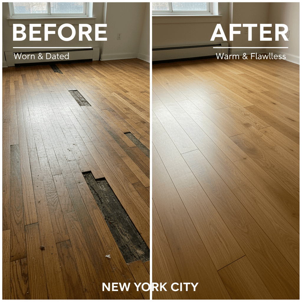 Hardwood flooring installation before and after