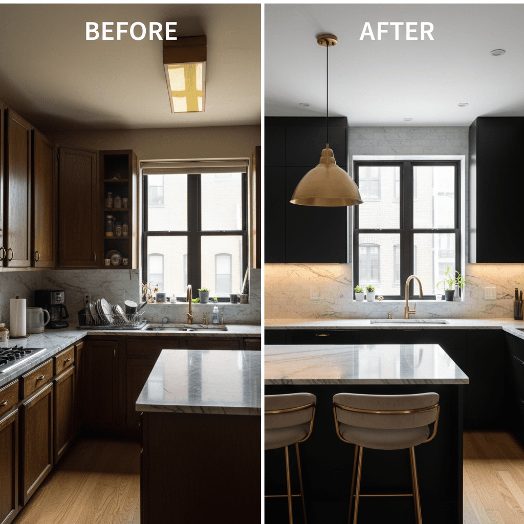 Kitchen before and after renovation